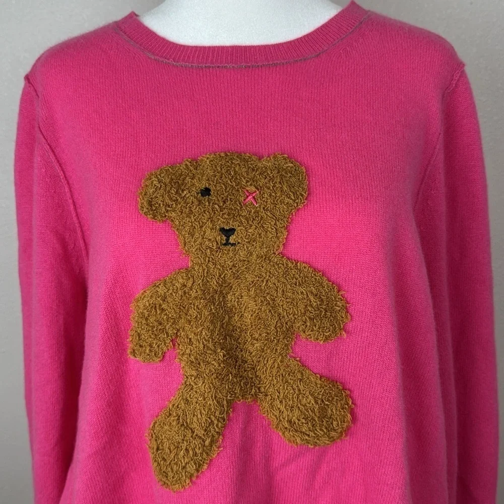 Lisa Todd Teddy Bear Graphic Intarsia Cashmere Sweater – Bright Pink – Size XL